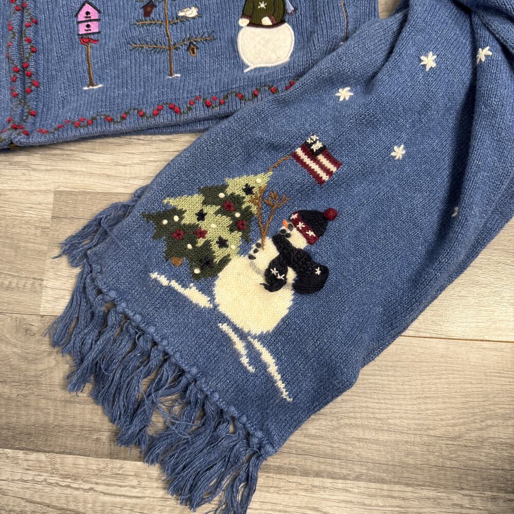 Vintage Snowman Knit Cardigan 1X Blue Winter Sweater with Matching Scarf Novelty - Picture 6 of 8